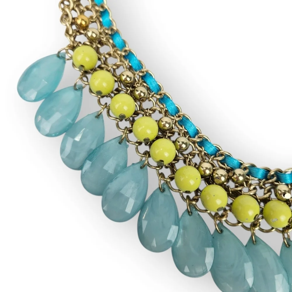 RJ Graziano Statement Chain Necklace Faux Turquoise Bib Green Blue Gold Tone 18